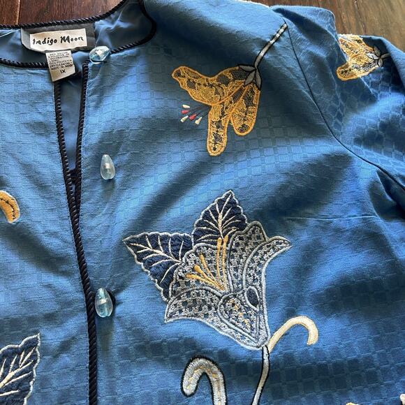 Vintage Indigo Moon women's blue floral embroidered and appliqued art jacket 1X - Picture 4 of 11